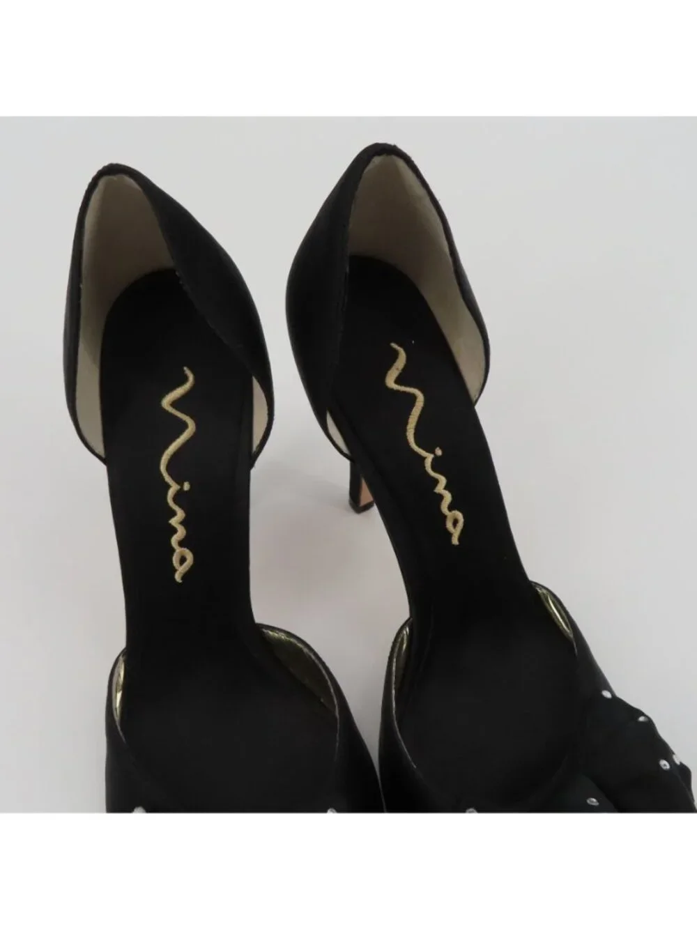 Nina Women 9.5 M Black Satin Fabric Bow Rhinestone Peep Toe Dorsay Heels Shoes